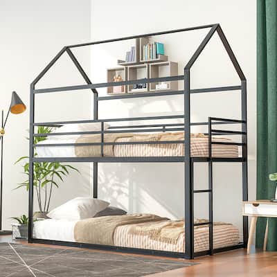 Twin over Twin House Bunk Bed Metal Bed Frame Built-in Ladder