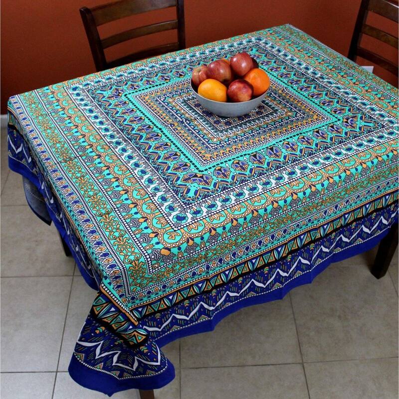 Cotton Inspiring Floral Tablecloth Collection - 70 x 70 in - Blue Green