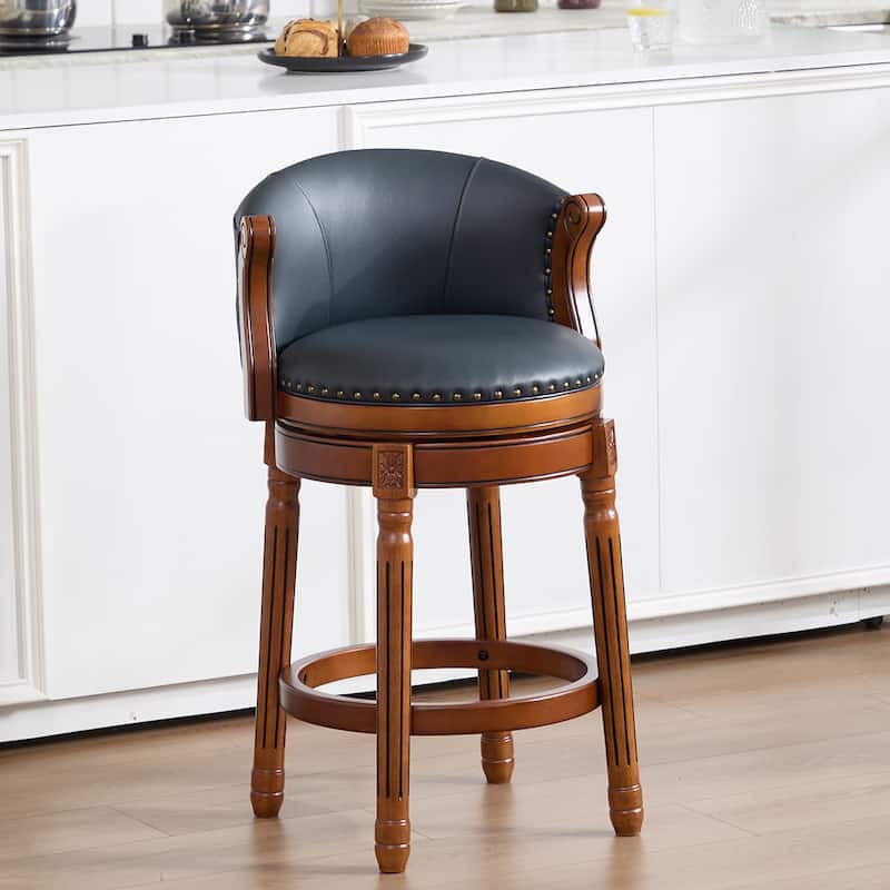 Cow Print Leather Swivel Bar Stool with Back, Wooden Frame & 360-Degree Spin, Bar Height, Blue