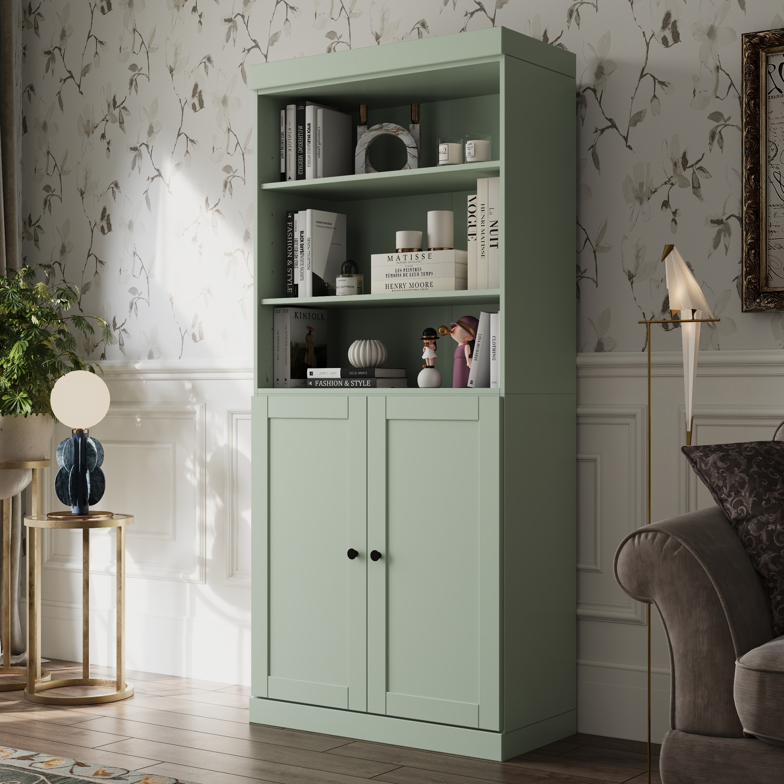 Solid Wood Tall Bookcase with Doors, Adjustable Shelves, Modular Storage, Open Display Bookshelf, 32" W x 71.5" H