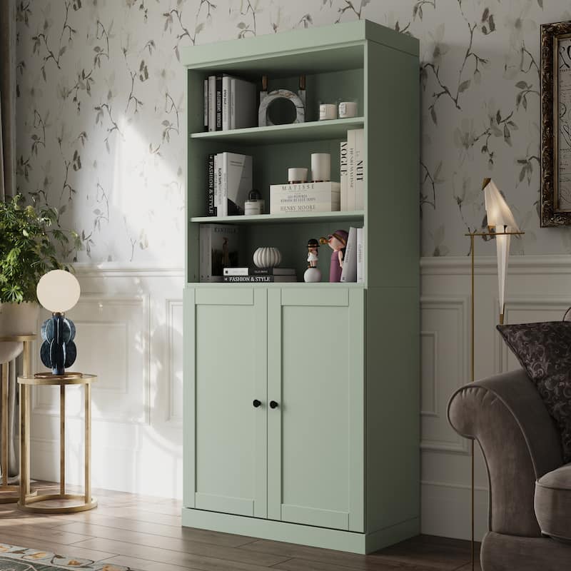 Solid Wood Tall Bookcase with Doors, Adjustable Shelves, Modular Storage, Open Display Bookshelf, 32" W x 71.5" H