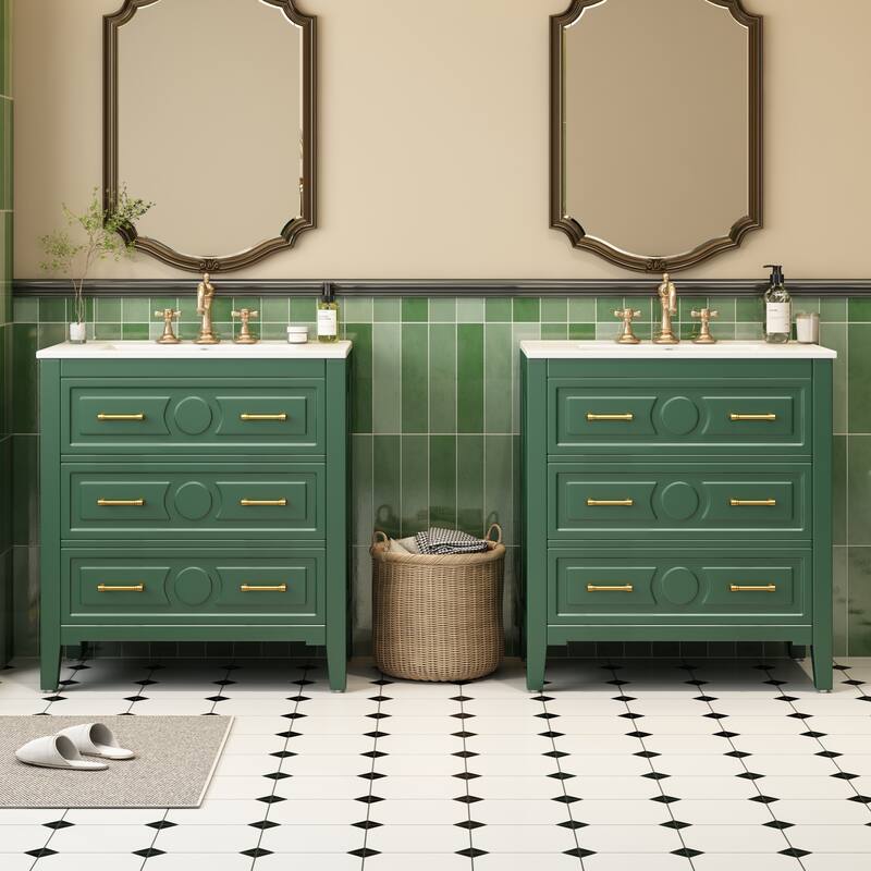 60"Bathroom Vanity with Ceramic Sink Combo, Free Standing Single Vanity Set with 3 Drawers, Wood Frame Bathroom Storage Cabinet - Green