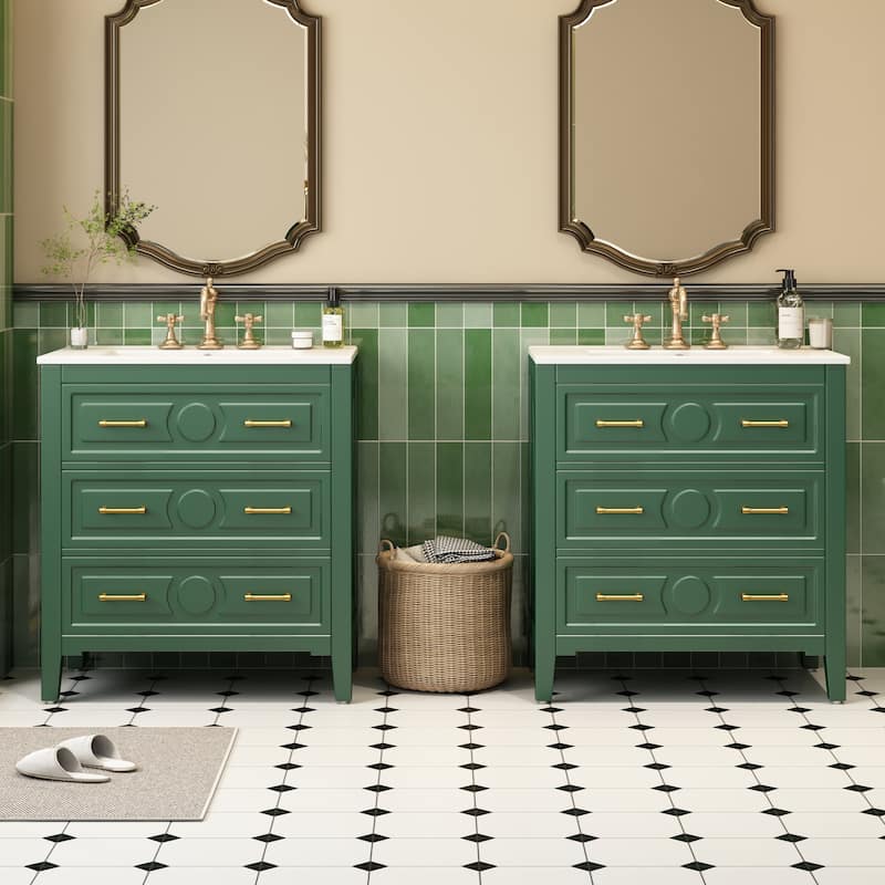 GDFStudio - Wellington Retro Freestanding Double Bathroom Vanity Set with Ceramic Sink and 3 Storage Drawers - 60'W