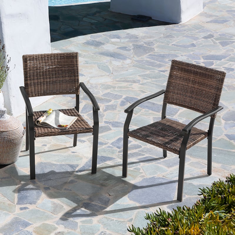 Outdoor Patio Iron Dining Chairs, All-Weather Wicker Material, Black