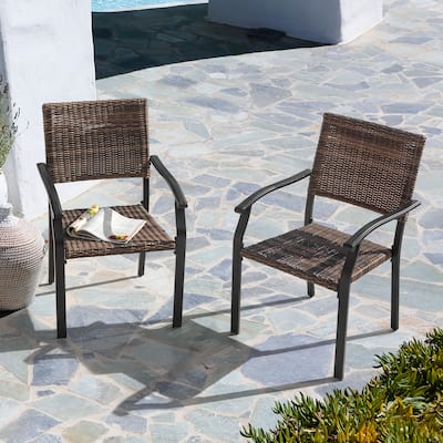 Outdoor Patio Iron Dining Chairs, All-Weather Wicker Material, Black