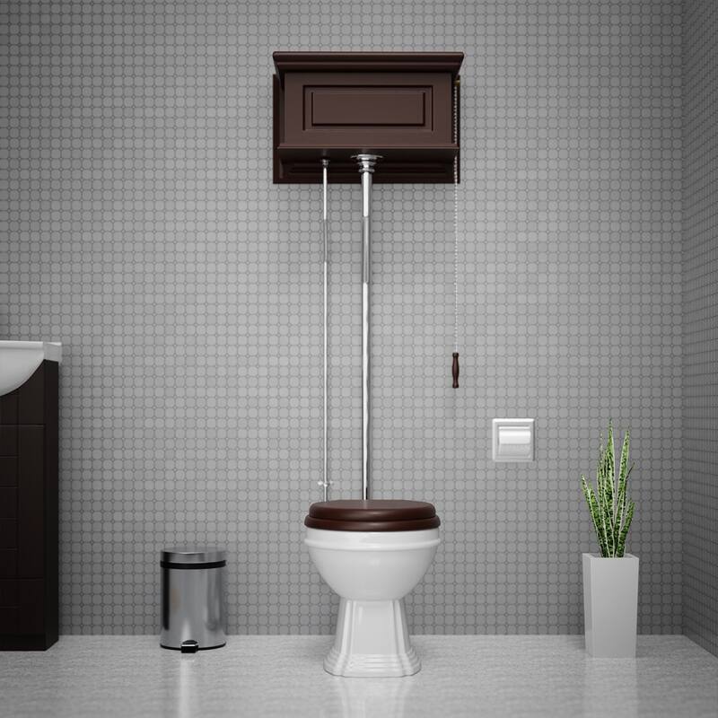 High Tank Toilet - Dark Oak Raised Tank, White Elongated Ceramic Bowl and Chrome L Pipes Renovators Supply