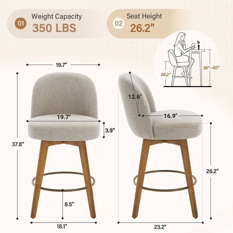 26" Upholstered Swivel Counter Stool With Solid Wood Frame - 37.8"H x 19.7"W x 23.2"D