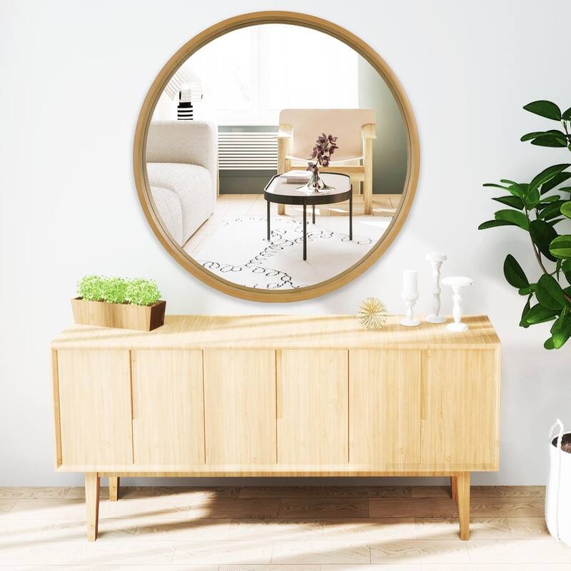 Classic Wooden Frame Farmhouse Round Wall Mirror