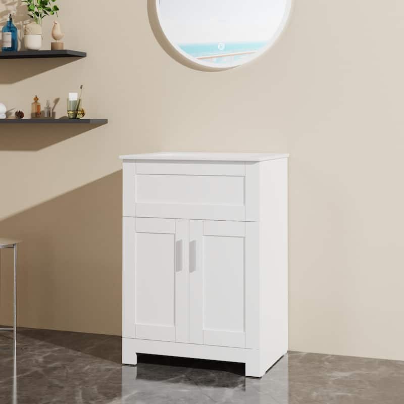 White Bathroom Vanity Cabinet Combo, 24 Inches, Ceramic Sink, Two-Door Storage, Easy Assembly