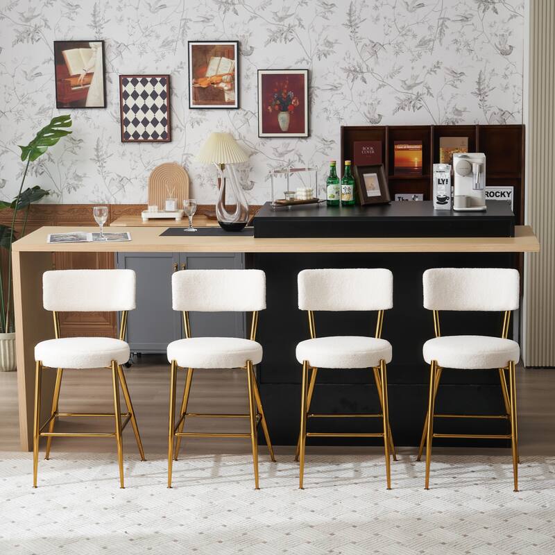 Set of 2/Set of 4 Modern Teddy Fabric Upholstered Bar Stools with Metal Base - Set of 2-Beige+Gold