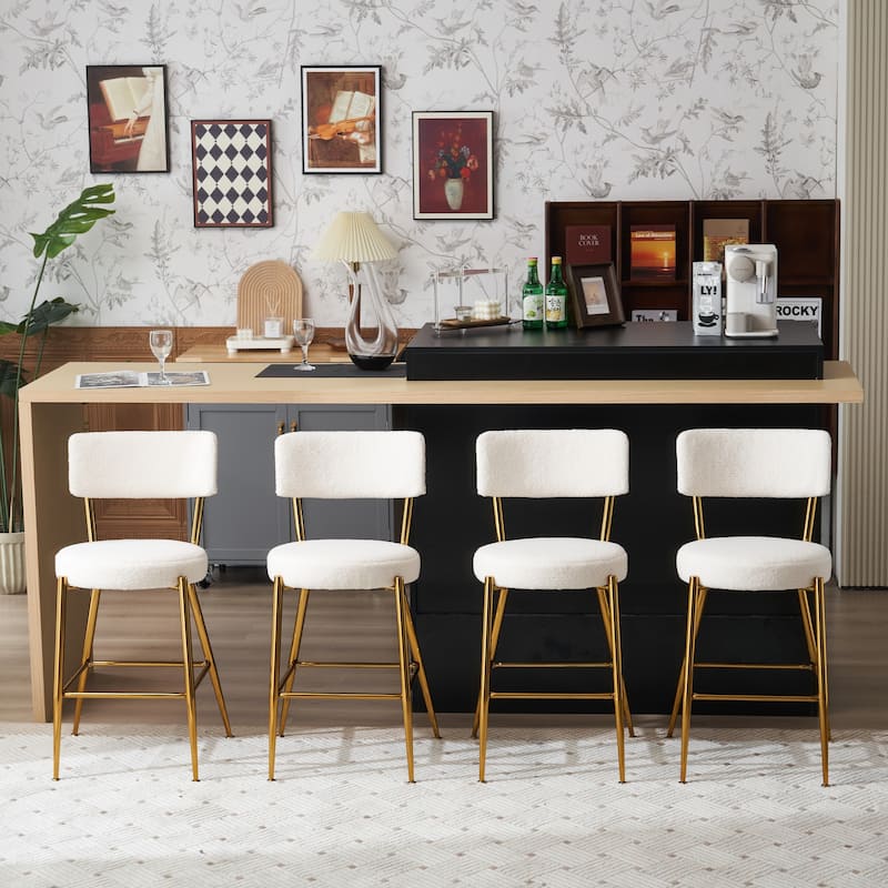 Set of 2 Modern Teddy Fabric Upholstered Bar Stools, Metal Base High Stool Suitable for Kitchen, Dining and Living Room