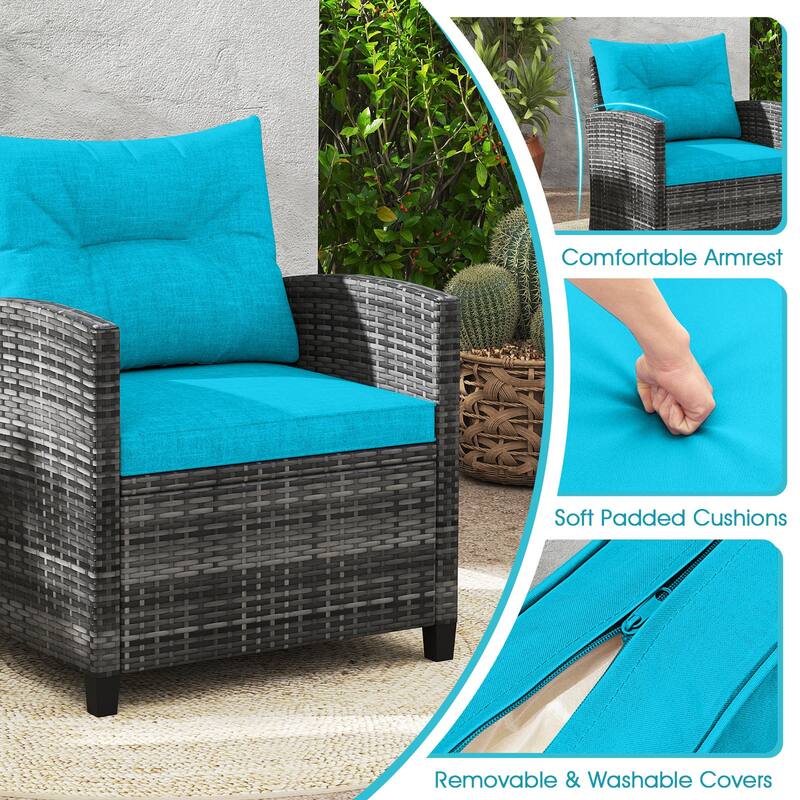 Gymax Set of 3 Rattan Furniture Bistro Set Cushioned Sofas Side Table