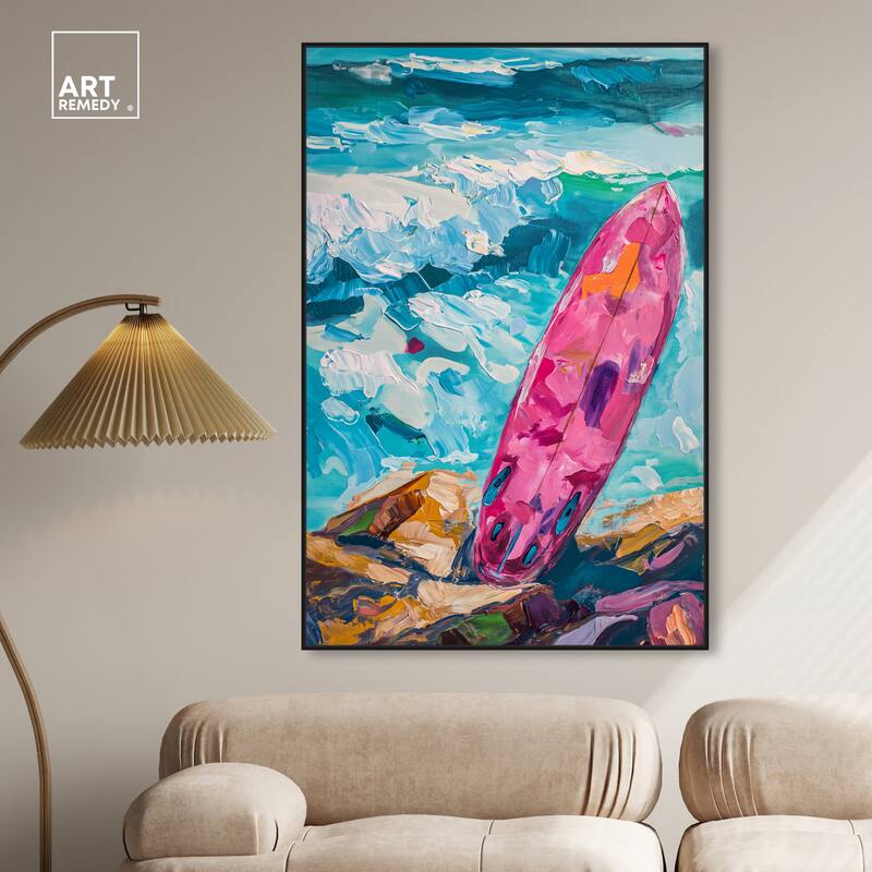 Art Remedy Just A Little Break Wave Framed Colorful Coastal 1 Piece Canvas Wall Art