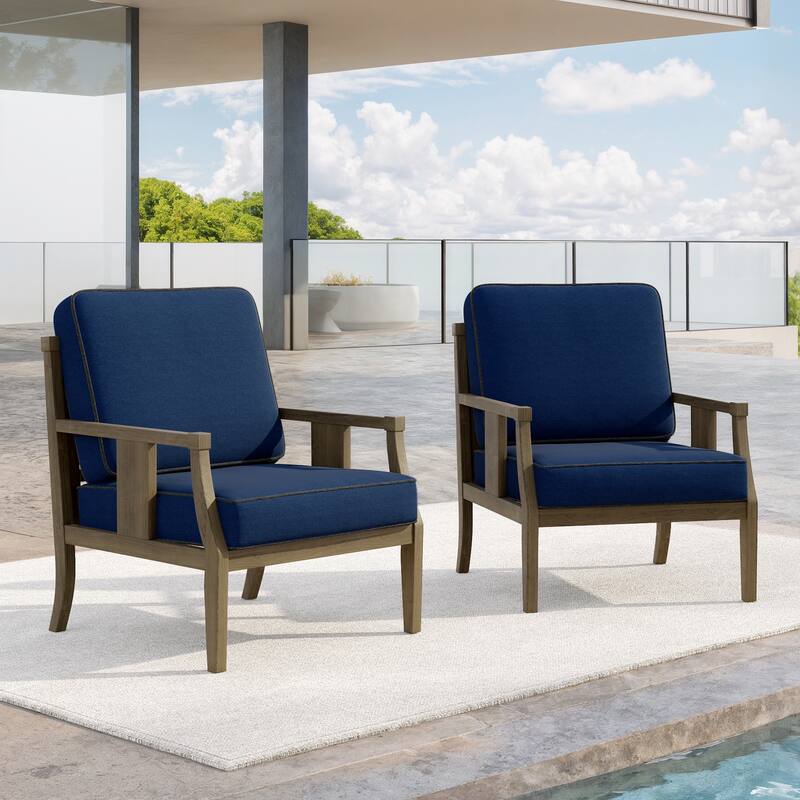 Set of 2 Outdoor Teak Wood Armchairs with Cushions, Patio Club Chairs - Natural Wood - Navy
