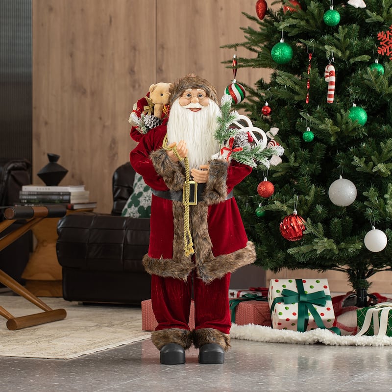 Glitzhome 35"H Oversize Faux Fur Christmas Santa Figurines - Red