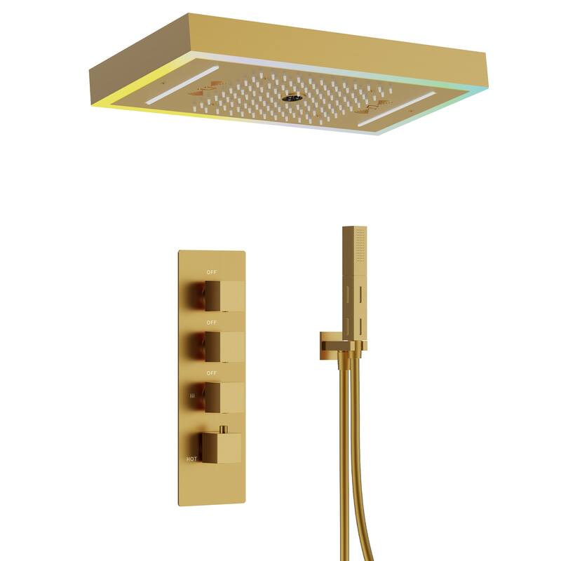 GRANDJOY Thermostatic Triple-Function LED Rain and Waterfall Shower System with Handheld and Built-In Music - Brushed Gold