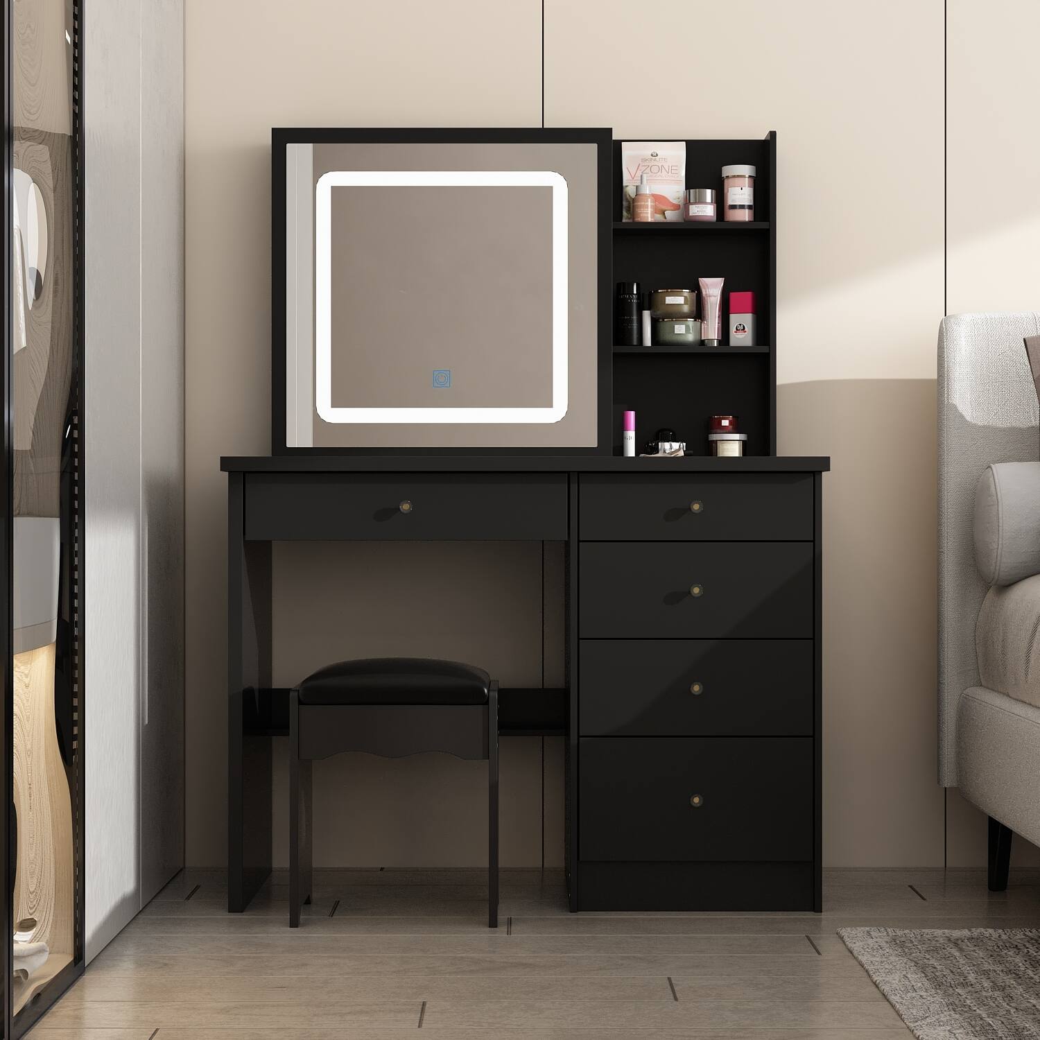 39.4'' Make up Vanity Set with Stool Mirror Hidden Storage Touch Light