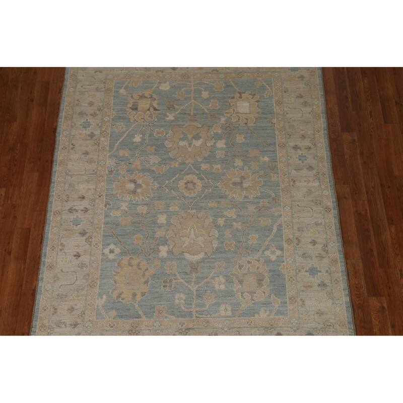 Vegetable Dye Blue Oushak Turkish Area Rug Hand-knotted Wool Carpet - 5'3" x 7'0"