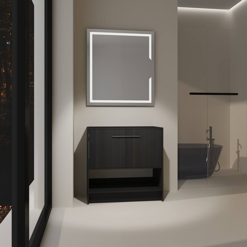 GDFStudio - Lisbon Modern Minimalist Freestanding Bathroom Vanity Cabinet with Soft Close Doors, Open Shelf, Sink NOT INCLUDED