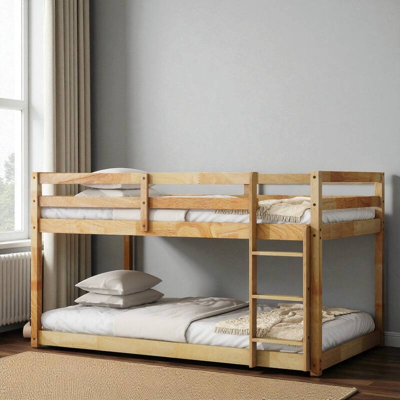 Solid Rubber Wood Twin Over Twin Floor Bunk Bed with Ladder, Low Height Design and Strengthened Slat Support