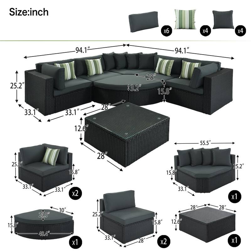 7-Piece Outdoor Patio Sectional Sofa Set with Coffee Table and Striped Pillows, Free Combination