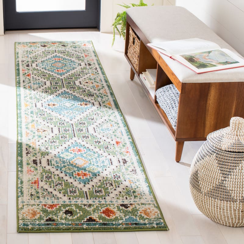 SAFAVIEH, Madison Hortensia Boho Diamond Distressed Rug - 2' x 8' Runner - Green/Beige