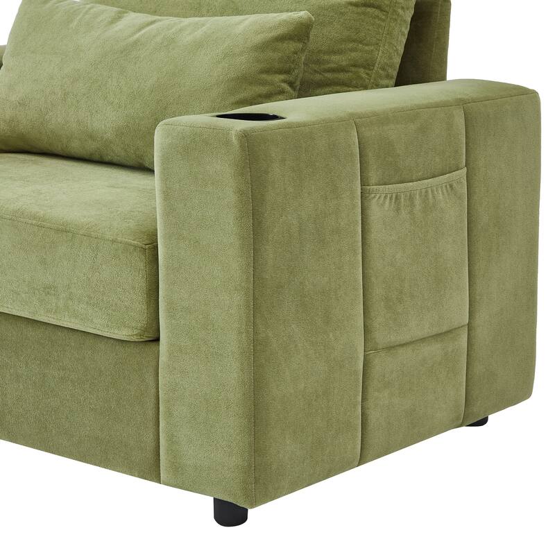 Chenille Modern Chaise Lounge Sofa with Storage Ottoman, USB Ports, Cup Holders and Side Pockets