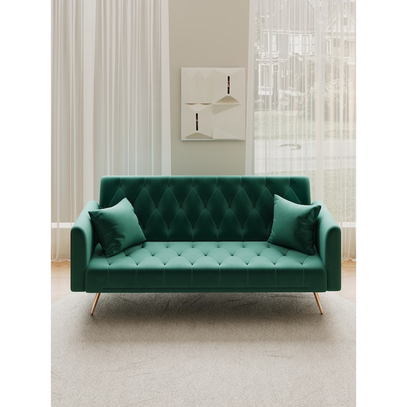 Velvet Upholstered Armsofa with Adjustable Backrest, Convertible Sleeper Sofa Bed, Stylish Loveseat with Metal Legs - Green