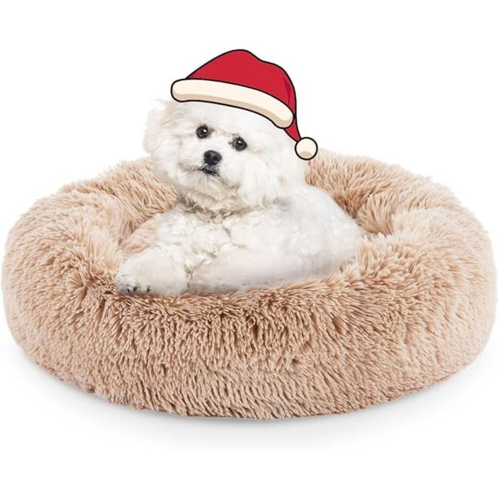 24-Inch Washable Donut Dog Bed, Calming Plush Bed for Dogs and Cats, Round Cuddle Bed
