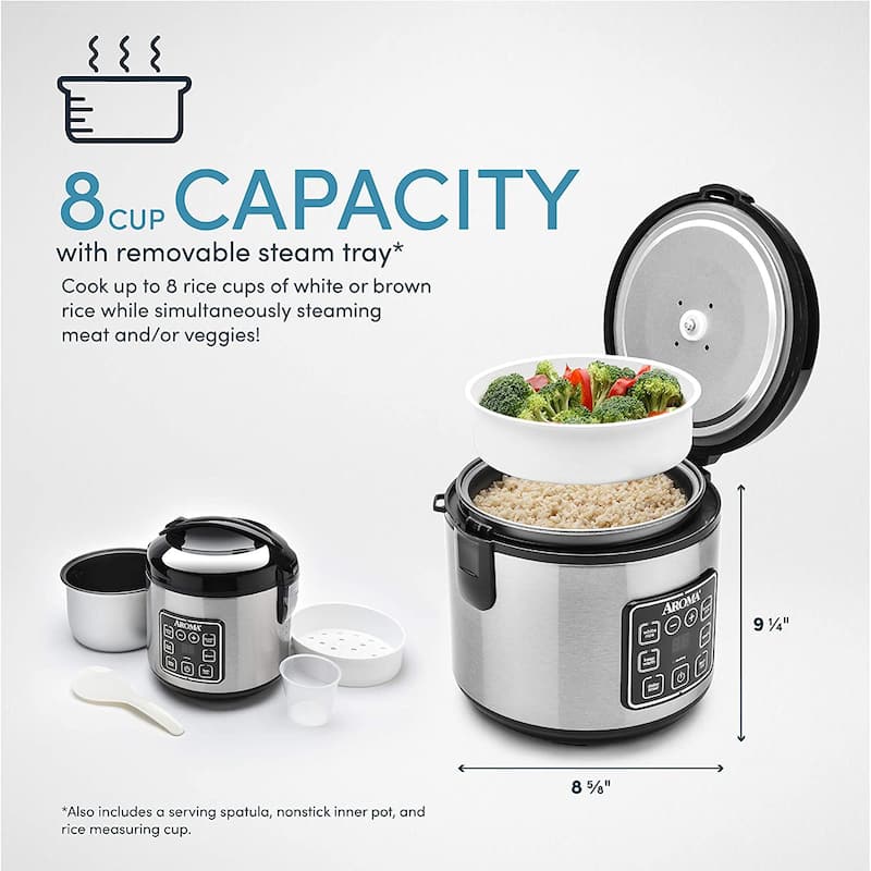 Aroma 8 Cup Digital CoolTouch Rice Cooker and Food Steamer, Stainless