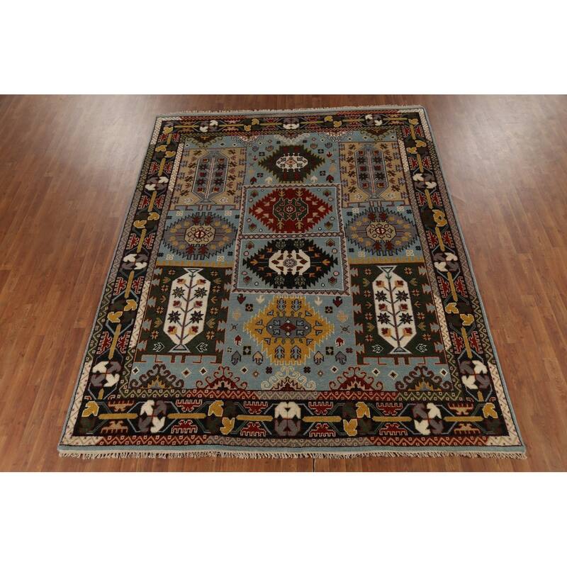 Light Blue Geometric Kazak Indian Area Rug Hand-Knotted Wool Carpet - 8'0"x 10'2"