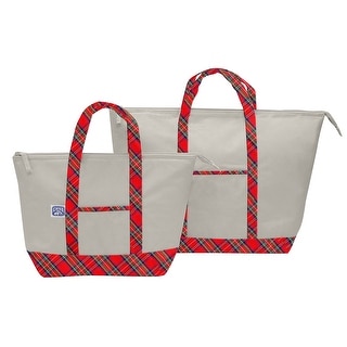 Chill Out- Canvas Boat Tote Cooler Set, Cream with Plaid Detailing ...