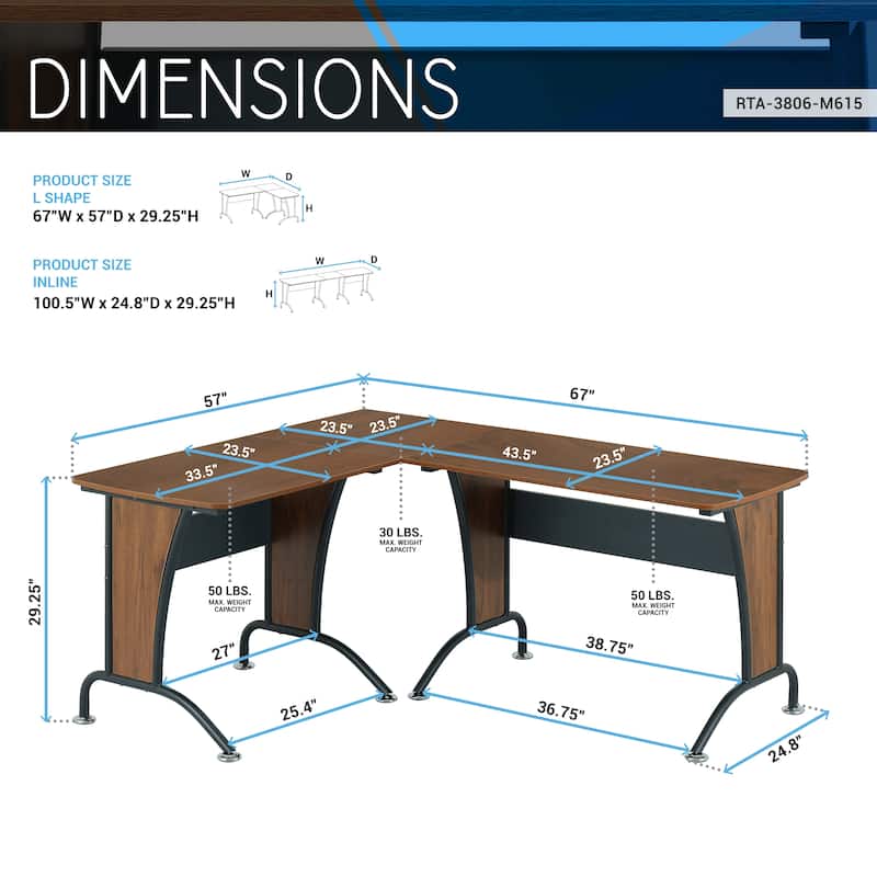 Techni Mobili Deluxe L-Shaped Desk with Inline Team Desk Option - Walnut