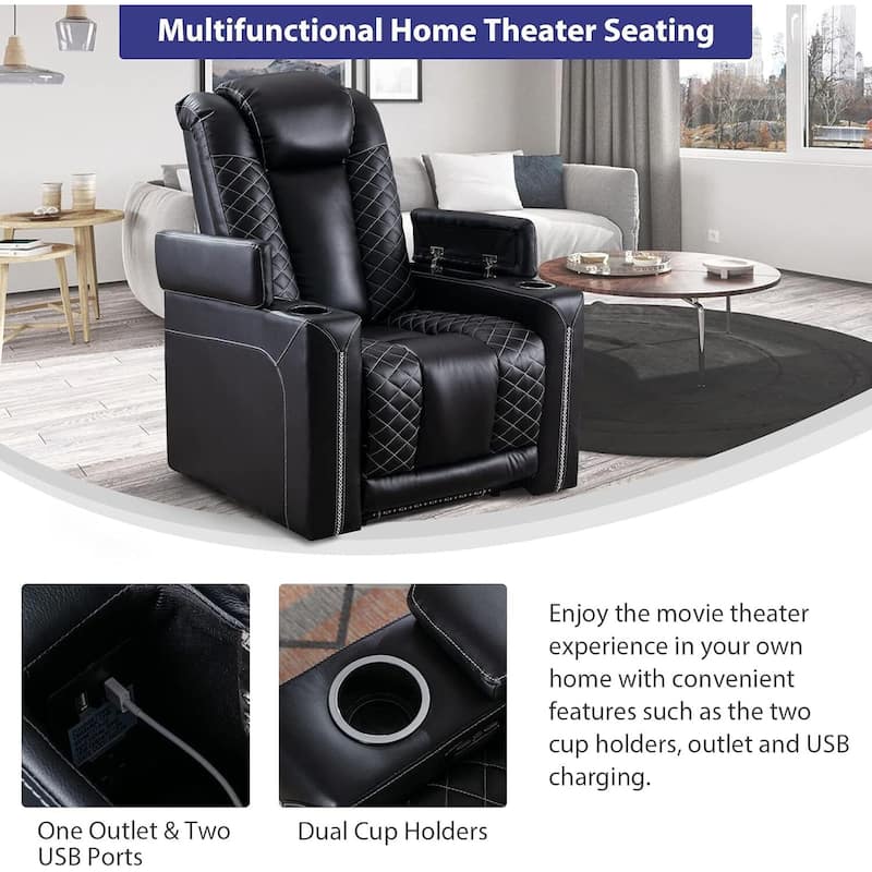Electric Power Recliner Chairs with USB Ports and Cup Holders Faux Leather Home Theater Seating Recliner with Hidden Arm Storage