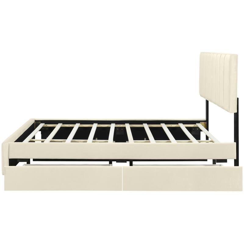 HomeRoots Beige Tufted Velvet Upholstered Queen Bed Frame With Trundle And Drawers