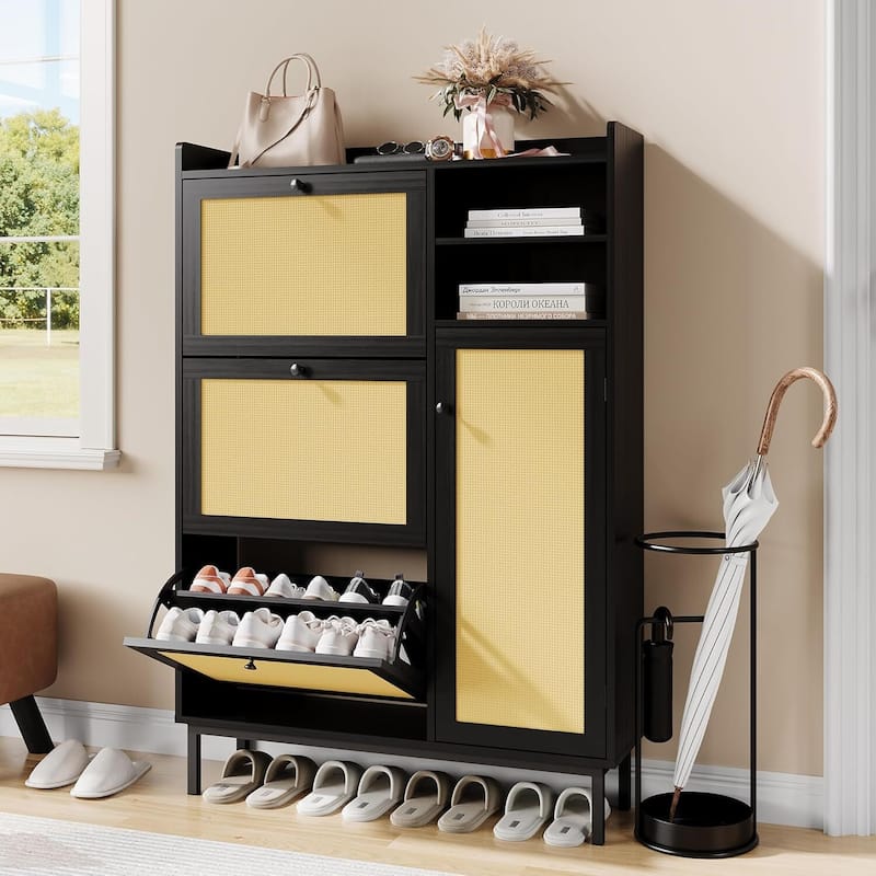 Freestanding 3 Flip Drawer Shoe Cabinet for Entryway Hallway Storage - Black