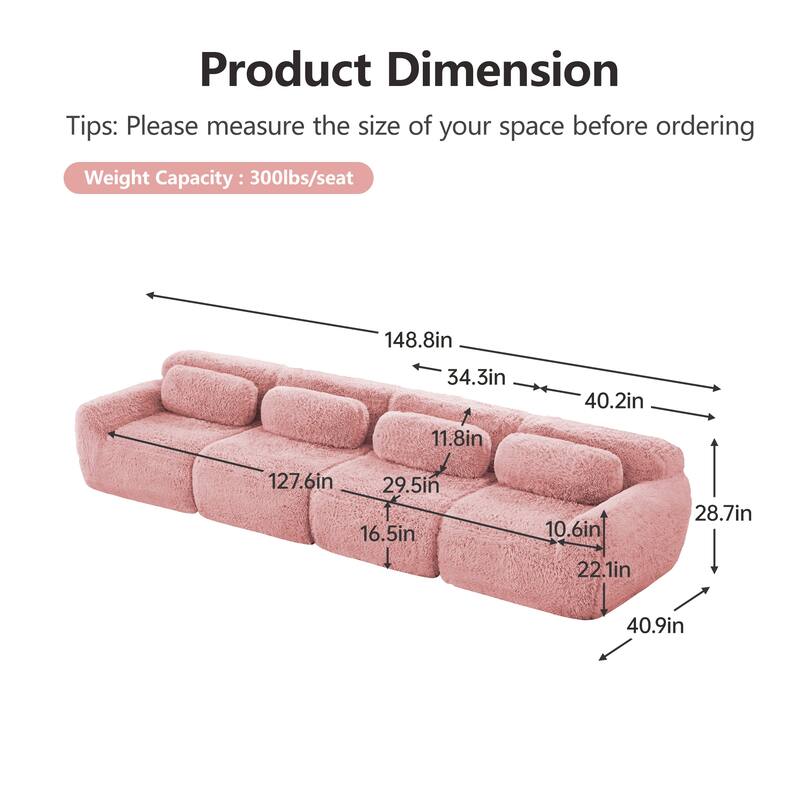 Modular Sectional Sofa, Plush Fabric Boneless Couch with Throw Pillows, 2/3/4-Seater Options, No Assembly