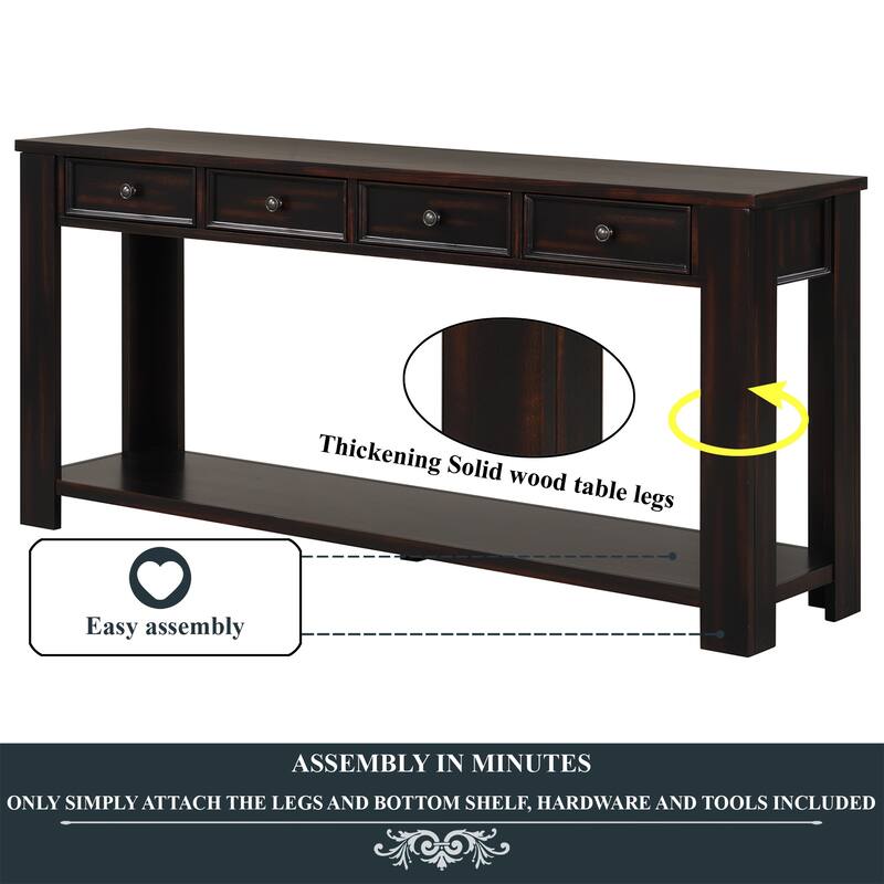 Pine Wood Console Table with 4 Drawers and Bottom Shelf for Entryway Hallway