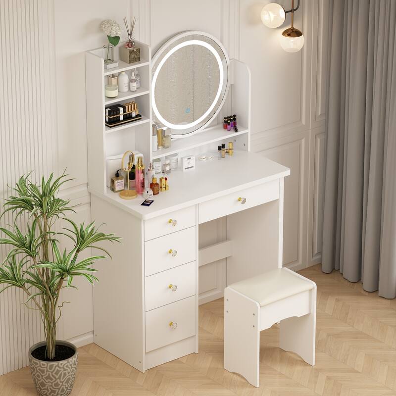 31.5'' W Makeup Vanity Set with Stool and Mirror LED Light Dressr