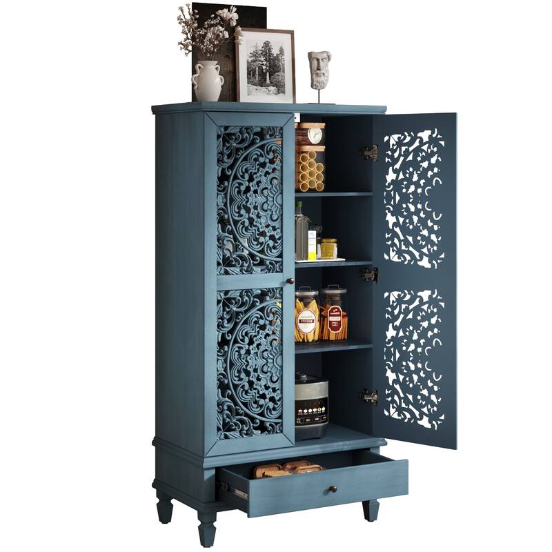 Roomfitters 55'' Tall Storage Cabinet, Carved Wood Accent Sideboard with Solid Wood Legs for Dining Room