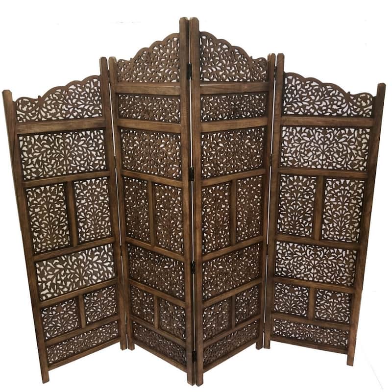 Benzara Hand Carved Foldable 4 Panel Wooden Partition Screen Room Divider,Brown