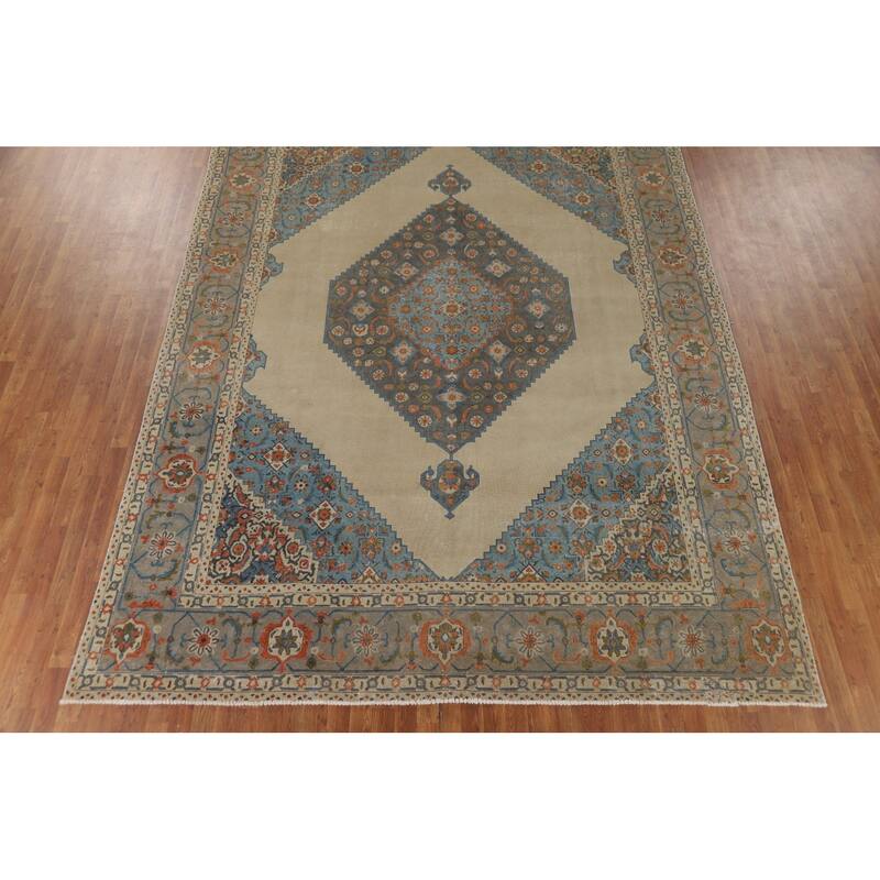 Beige Distressed Tabriz Vintage Persian Rug Handmade Wool Carpet - 9'7" x 12'11"