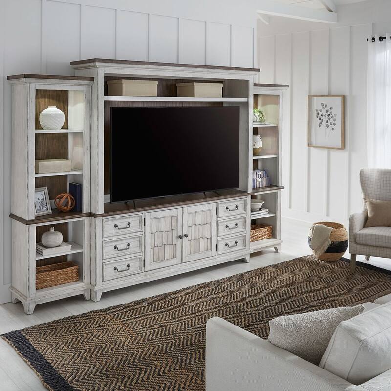 River Place Riverstone White & Tobacco Entertainment TV Console Various Sizes - Ent. Center w/ Piers
