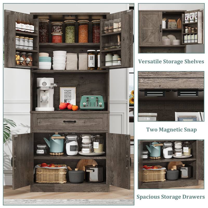 Gymojoy 70" Farmhouse Kitchen Pantry Cabinet With Operation Table & Power Outlet, Freestanding Cupboard