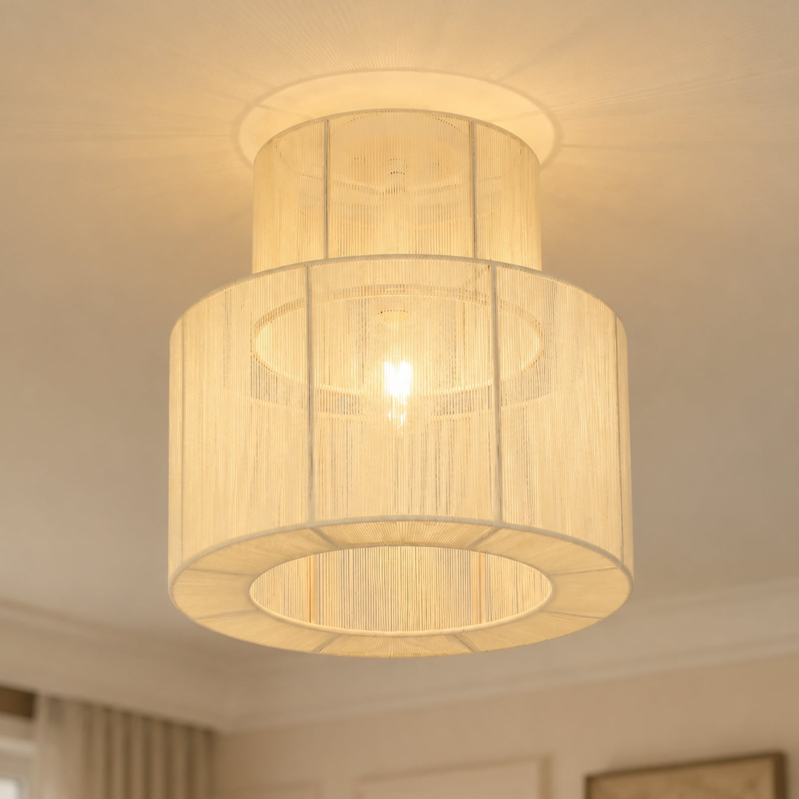 Rennnsan 1-Light Boho Woven Rope Flush Mount Ceiling Light for Living Room - 15.7 in. W x 16.5 in.H