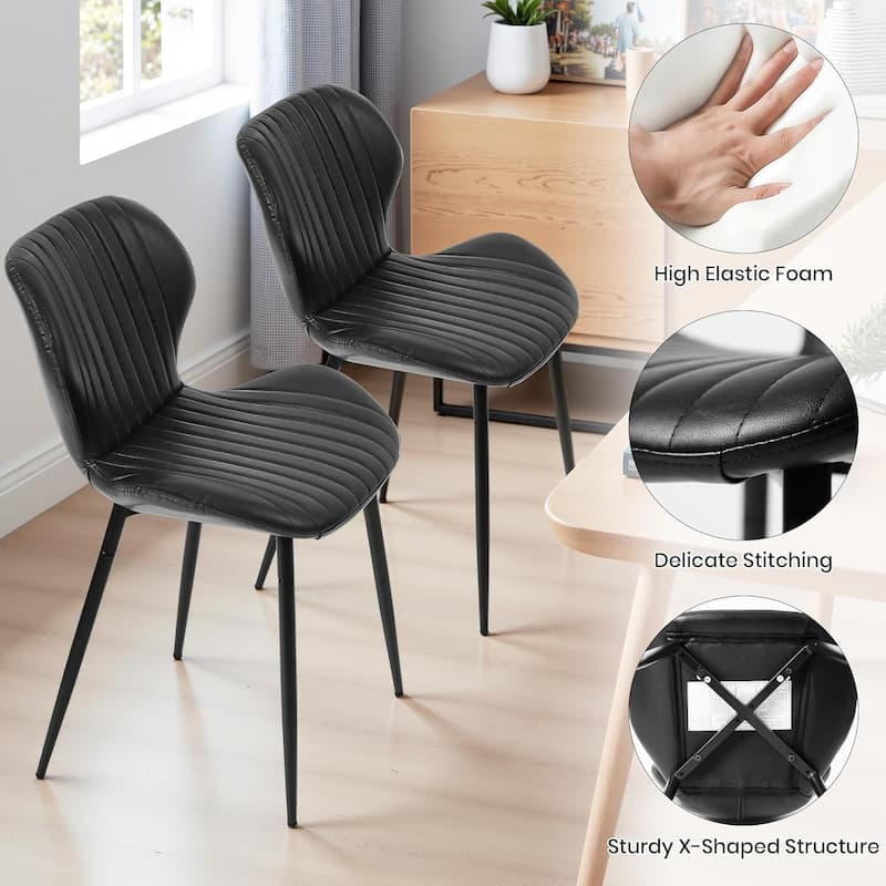 Mid Century Modern Upholstered PU-Dining Chairs with Metal Legs, Set of 2, Black