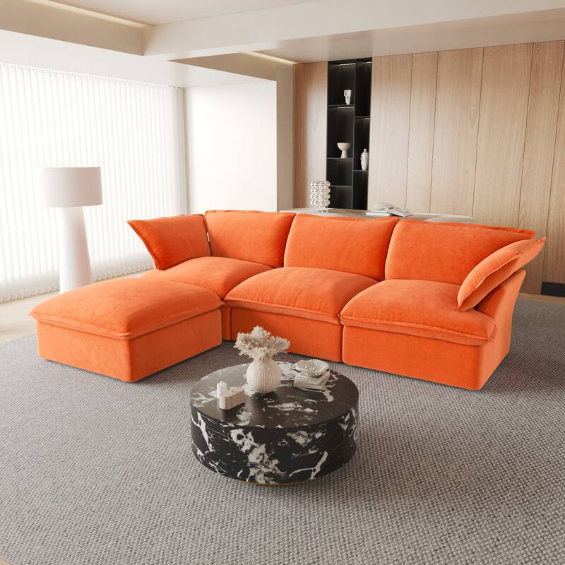 Large Velvet Upholstered Sectional Sofa 122'' L-shape Modular Couch with Ottoman