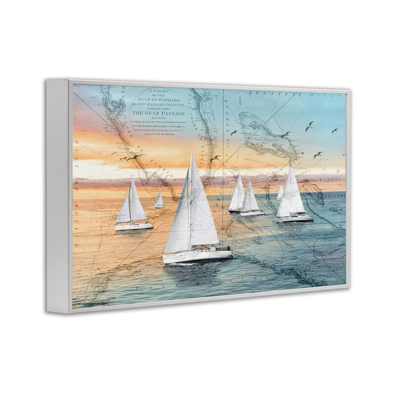 Stupell Nautical Ships & Vintage Map Framed Giclee Art Design By Amber Sterling