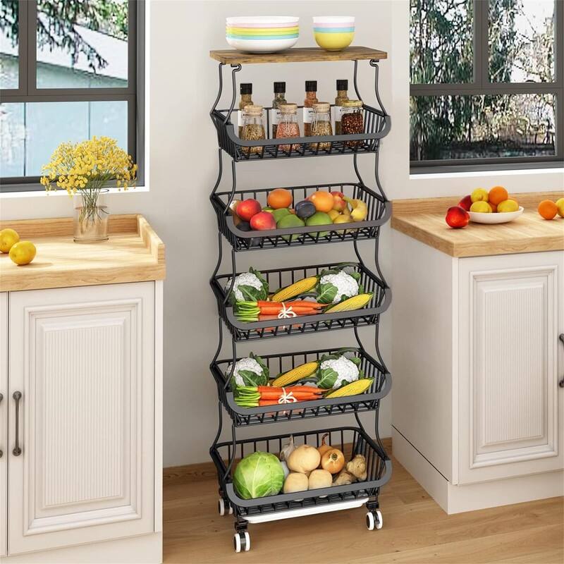 5 Tier Fruit Vegetable Basket for Kitchen with Wooden Tabletop - 12"D x 15.75"W x 47.2"H - Black Large 6 Tier with Tabletop