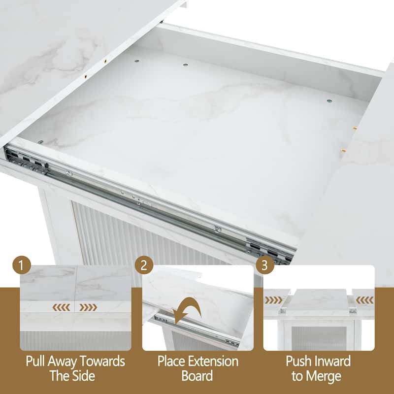 47-63" Modern Extendable Dining Table with Marble Top, Storage Leg & Metal Base